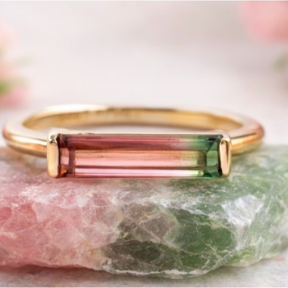 🍉 Natural Bi-Color Watermelon Tourmaline Bar Ring - Picture 3 of 9